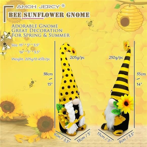 Spring & Summer Gnome Set – 2PCS Sunflower & Bee Plush Decorations, 15” & 14” - Picture 5 of 7